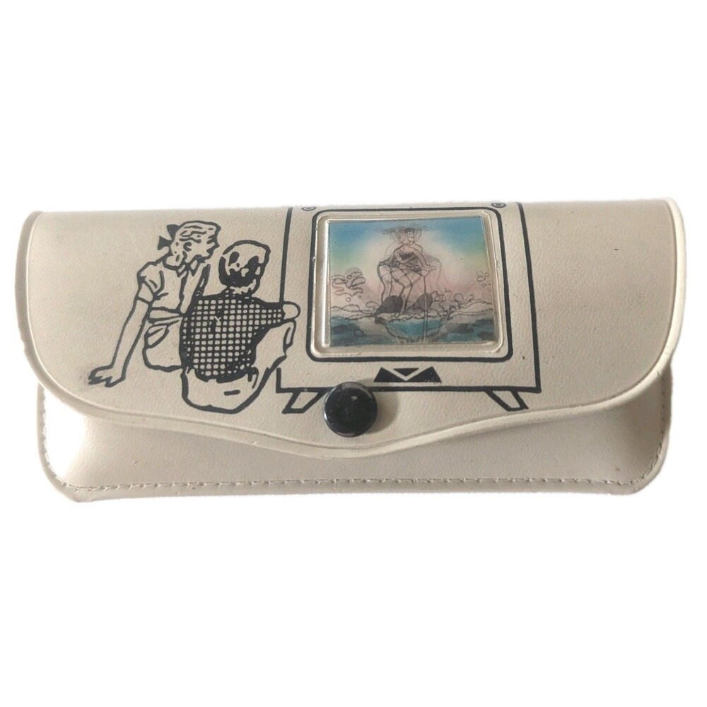 Vintage 1950s Beige Childrens Eyeglass Case w/ Holographic Cartoon 5.5" × 2.25"